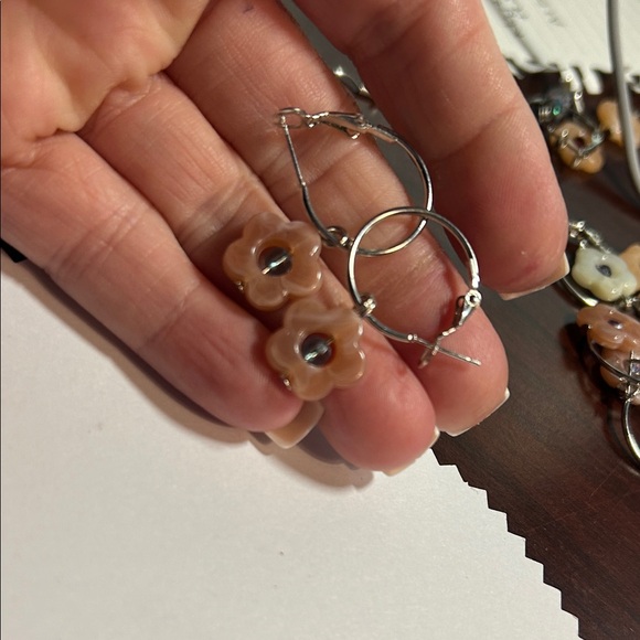 Silver Hoop Earrings with Peach Flower Charms - Picture 3 of 3